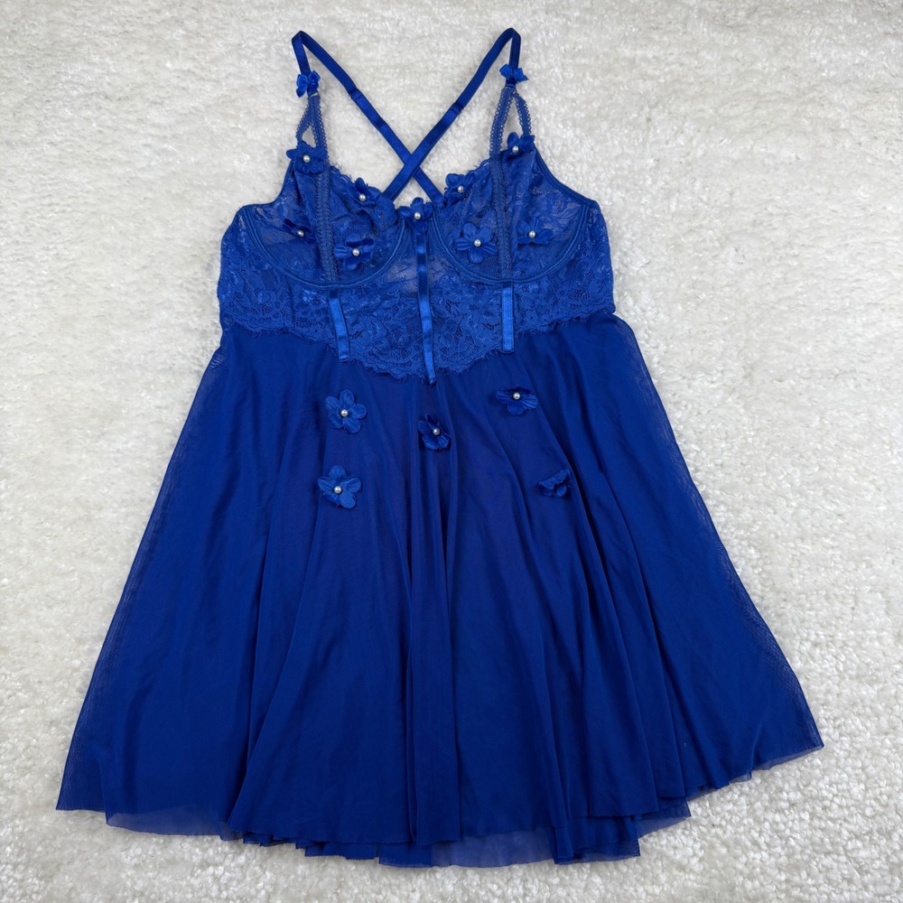 Avidlove Babydoll Chemise Womens L Blue Floral Lace‎ Mesh Corset Style Lingerie